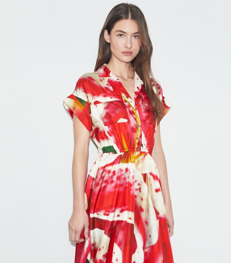 Tory Burch designer dresses Printed Silk Twill Shirtdress in Pink Lily front