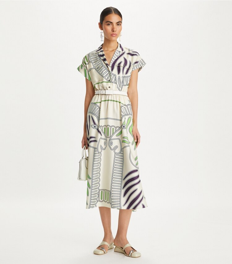 Tory Burch designer ドレス プリント シルクツイル シャツドレス in Ivory Zebra モデル前面