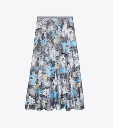 Tory Burch designer bottoms Printed Silk Twill Skirt in Blue Tripped Out Flowers front