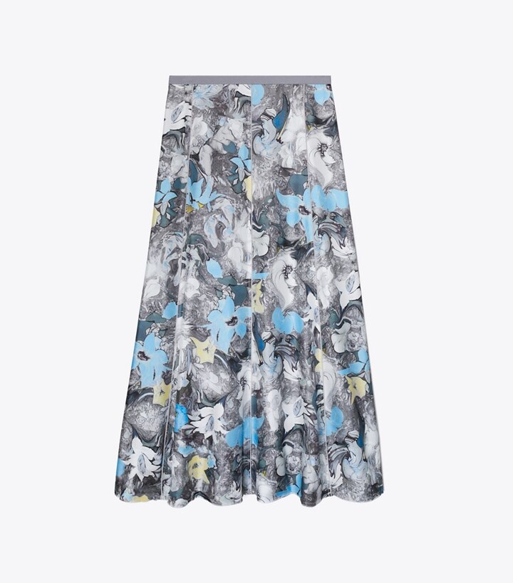 Tory Burch designer bottoms Printed Silk Twill Skirt in Blue Tripped Out Flowers front