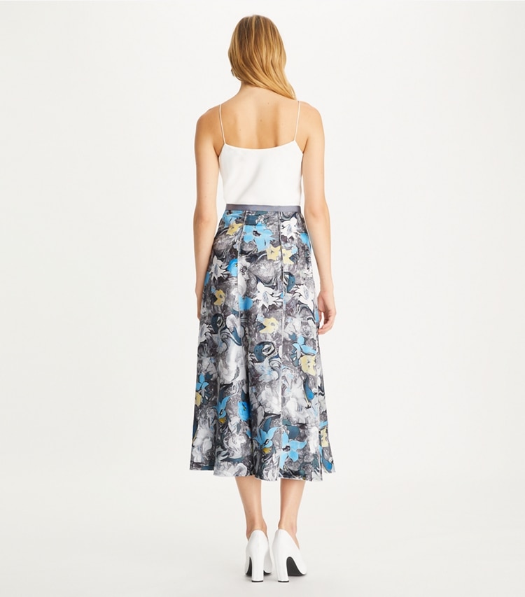 Tory Burch designer bottoms Printed Silk Twill Skirt in Blue Tripped Out Flowers on model back
