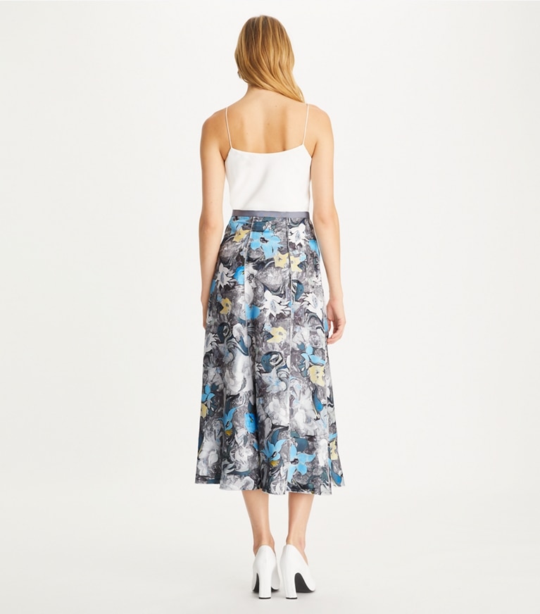Tory Burch designer bottoms Printed Silk Twill Skirt in Blue Tripped Out Flowers front