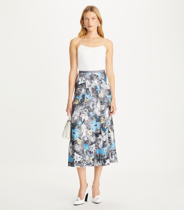 Tory Burch designer bottoms Printed Silk Twill Skirt in Blue Tripped Out Flowers on model front
