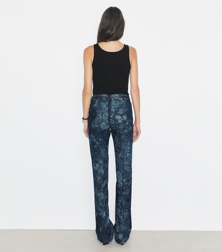 Tory Burch designer bottoms Printed Skinny-Leg Jean in Indigo Alien on model back
