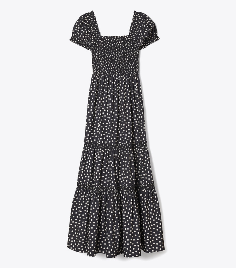 Tory Burch designer dresses Printed Smocked Dress in Black Dot front