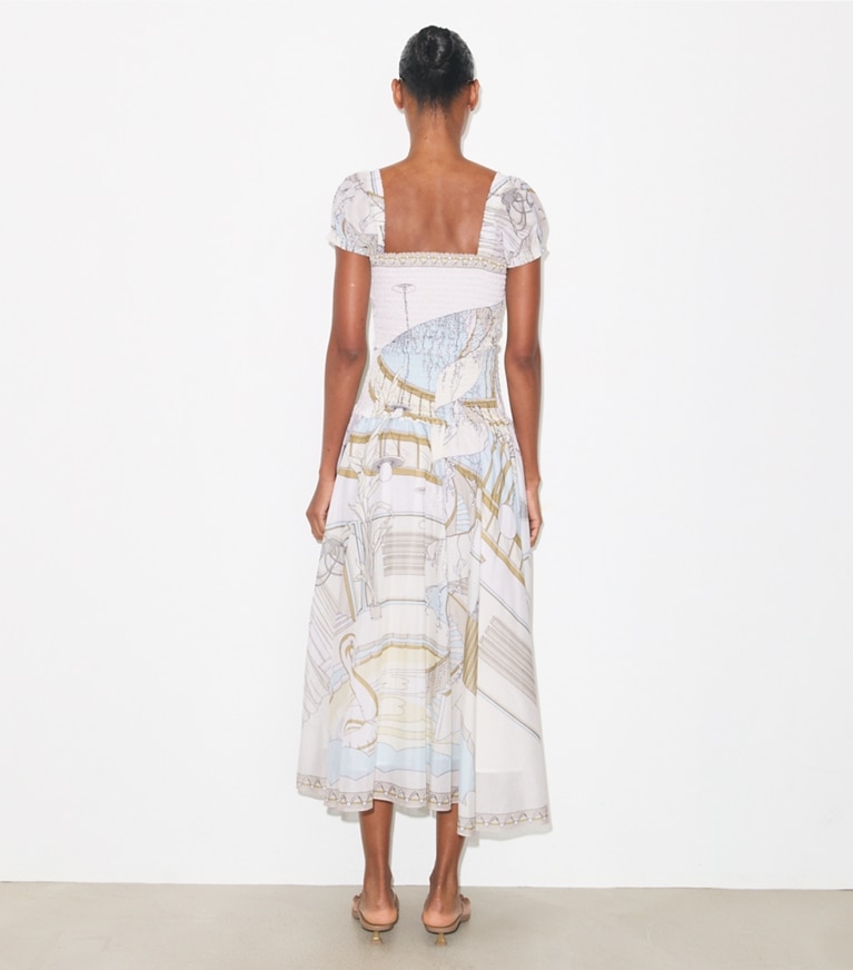 Tory Burch designer dresses Printed Smocked Dress in Neutral Pool on model back