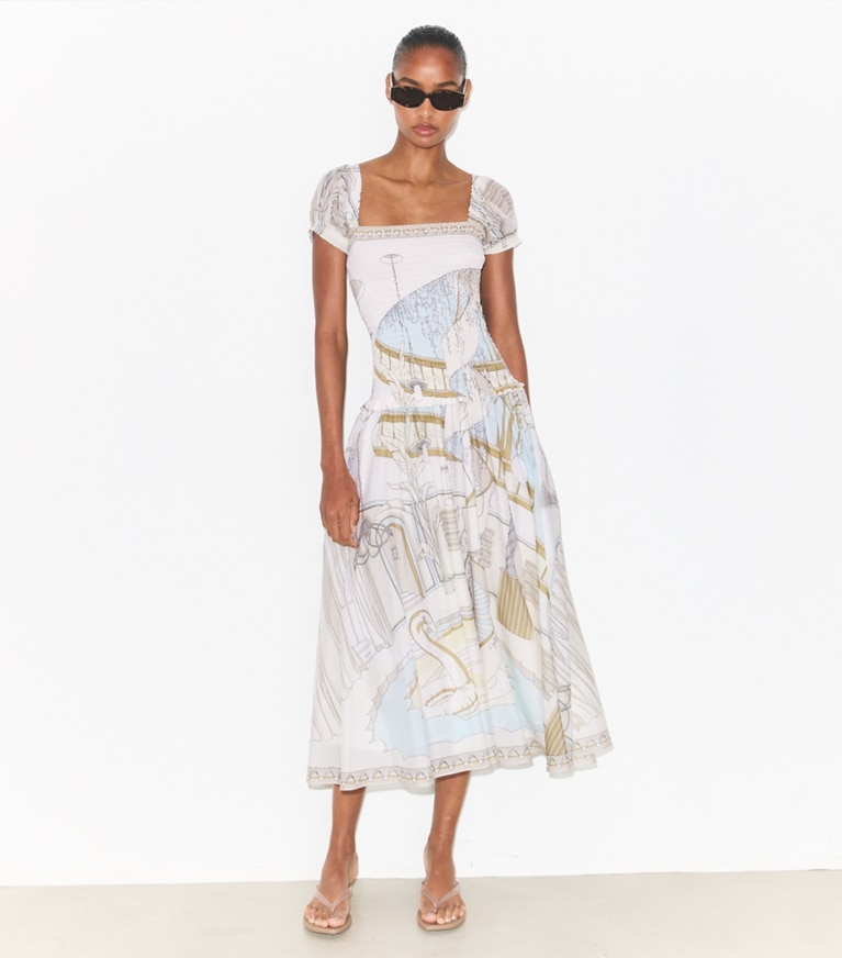 Tory Burch designer dresses Printed Smocked Dress in Neutral Pool on model front