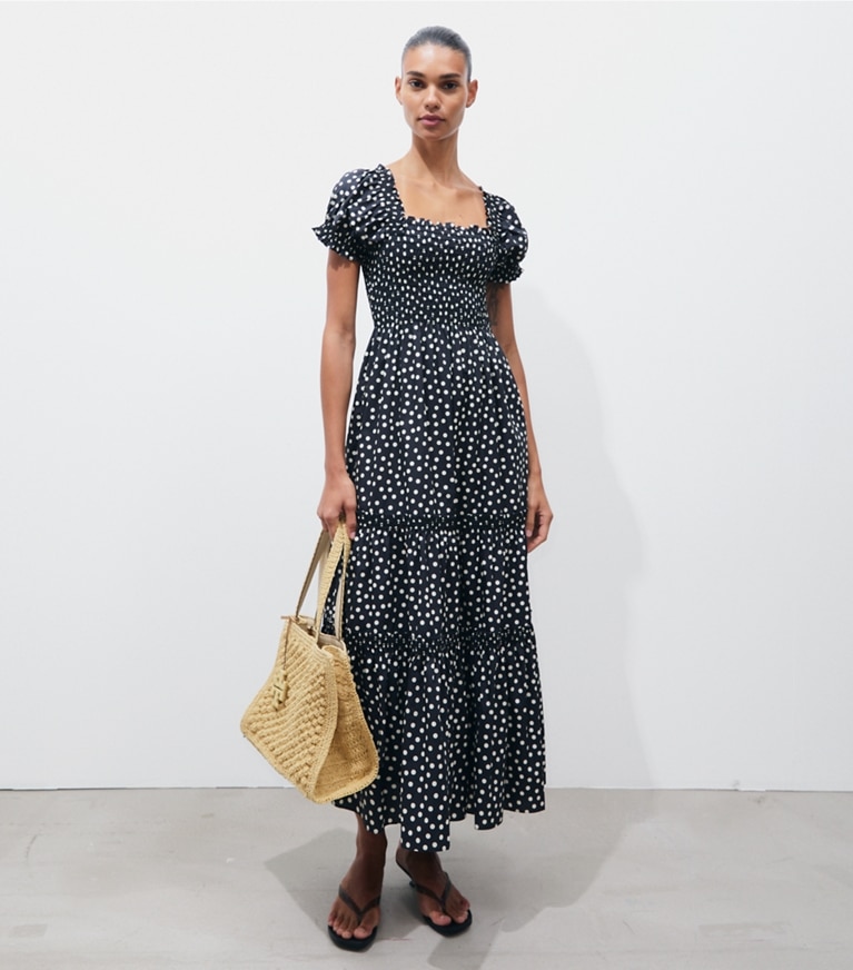 Tory Burch designer dresses Printed Smocked Dress in Black Dot on model front