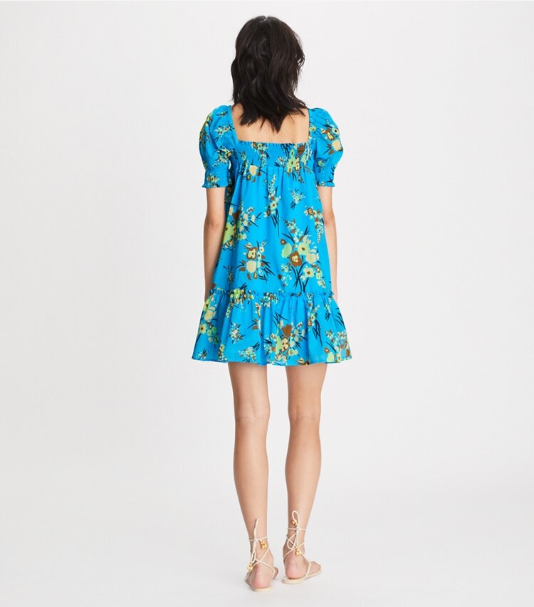 Tory Burch designer coverups Printed Smocked Mini Dress in Bright Horizon on model back