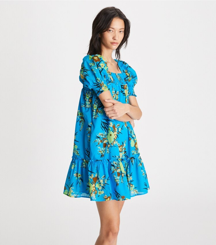 Tory Burch designer coverups Printed Smocked Mini Dress in Bright Horizon on model detail