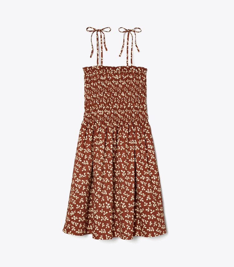 Tory Burch designer coverups Printed Smocked Short Dress in RUST LITTLE LEAVES front