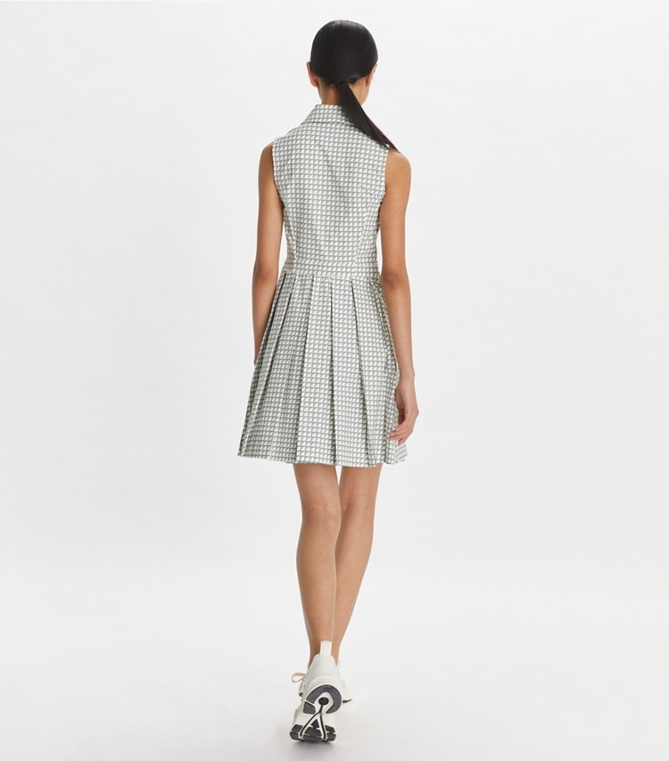 Tory Sport designer dresses Printed Stretch Golf Dress in Grey Gradient Gingham on model back
