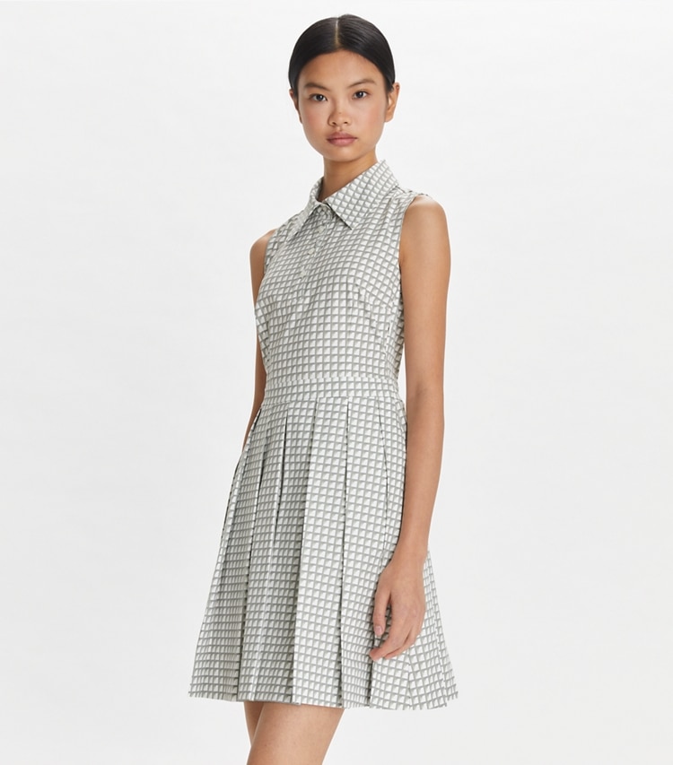 Tory Sport designer dresses Printed Stretch Golf Dress in Grey Gradient Gingham on model detail