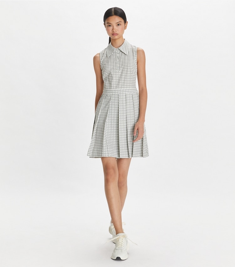 Tory Sport designer dresses Printed Stretch Golf Dress in Grey Gradient Gingham on model front