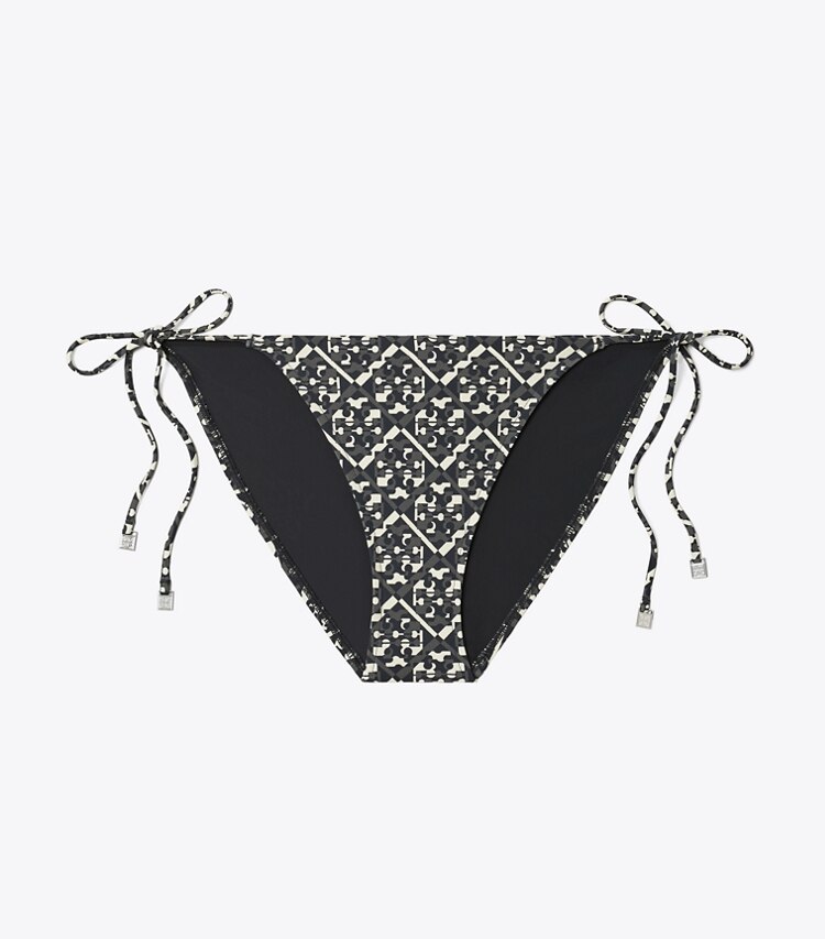 Tory Burch designer two pieces Printed String Bikini Bottom in Black Prismatic T Monogram Small front