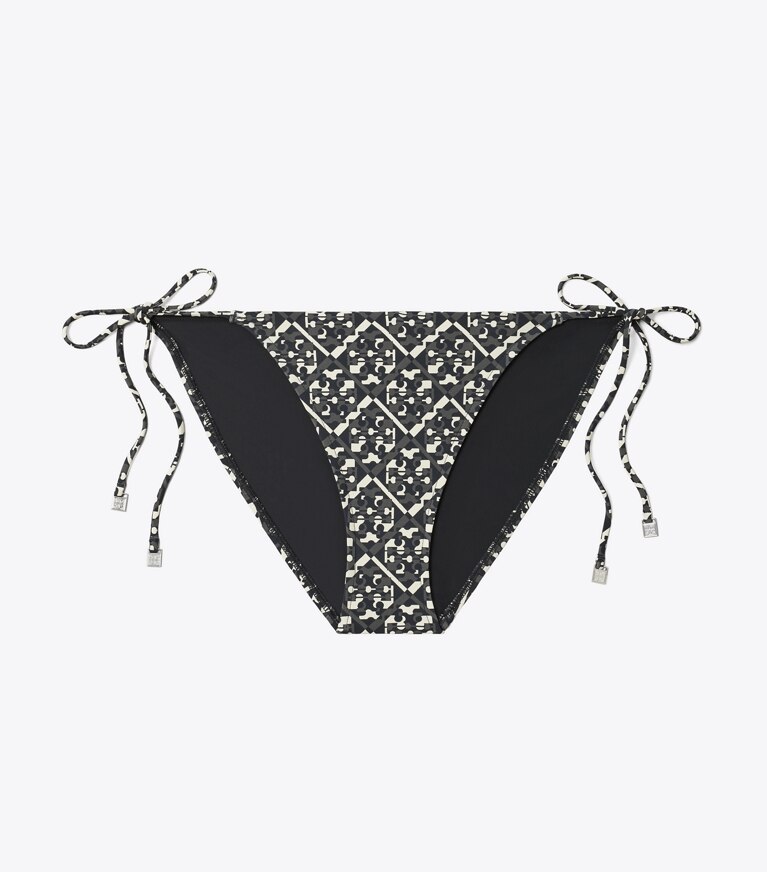 Tory Burch designer two pieces Printed String Bikini Bottom in Black Prismatic T Monogram Small front