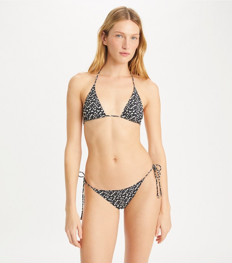 Tory Burch designer two pieces Printed String Bikini Bottom in Black Prismatic T Monogram Small front