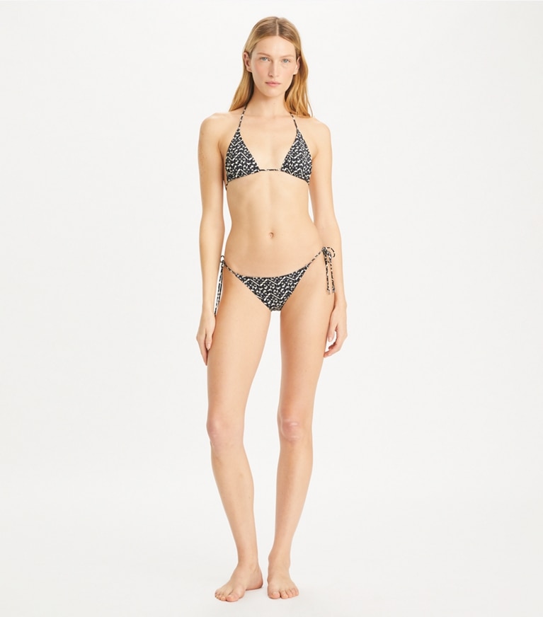 Tory Burch designer two pieces Printed String Bikini Bottom in Black Prismatic T Monogram Small front