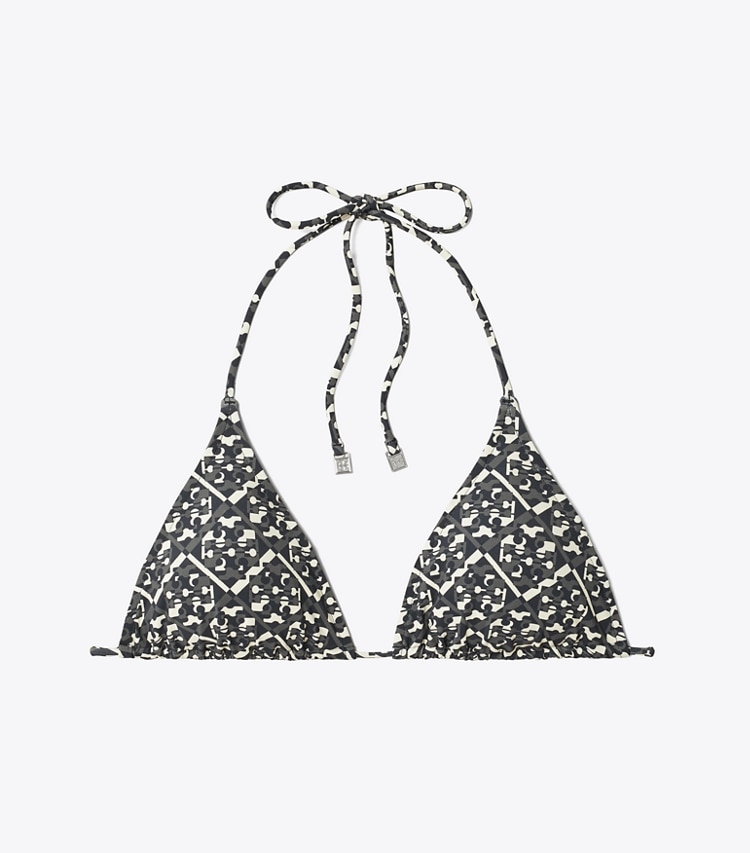 Tory Burch designer two pieces Printed String Bikini Top in Black Prismatic T Monogram Small front