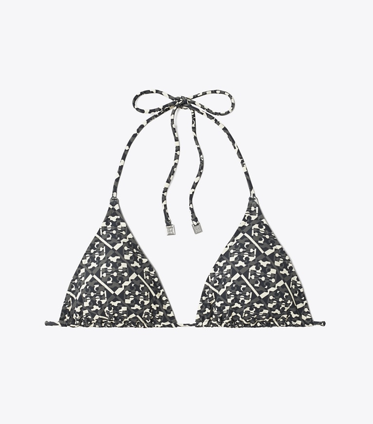 Tory Burch designer two pieces Printed String Bikini Top in Black Prismatic T Monogram Small front