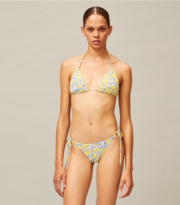 Tory Burch designer two pieces Printed String Bikini Top in Yellow Swirl on model detail