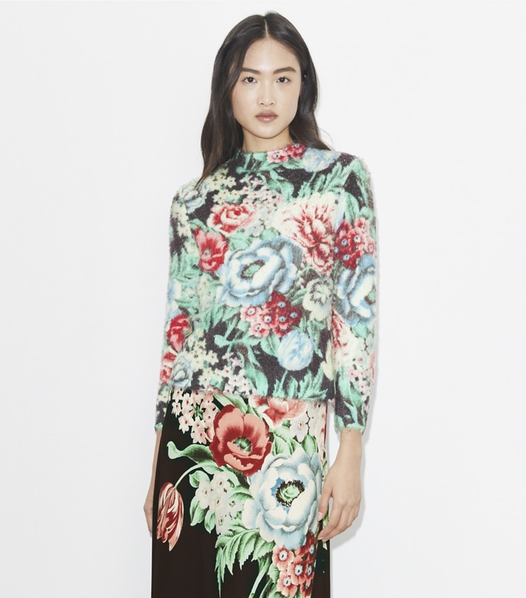 Tory Burch designer sweaters Printed Sweater in GreggioWhite/Chair Floral Allover- A front