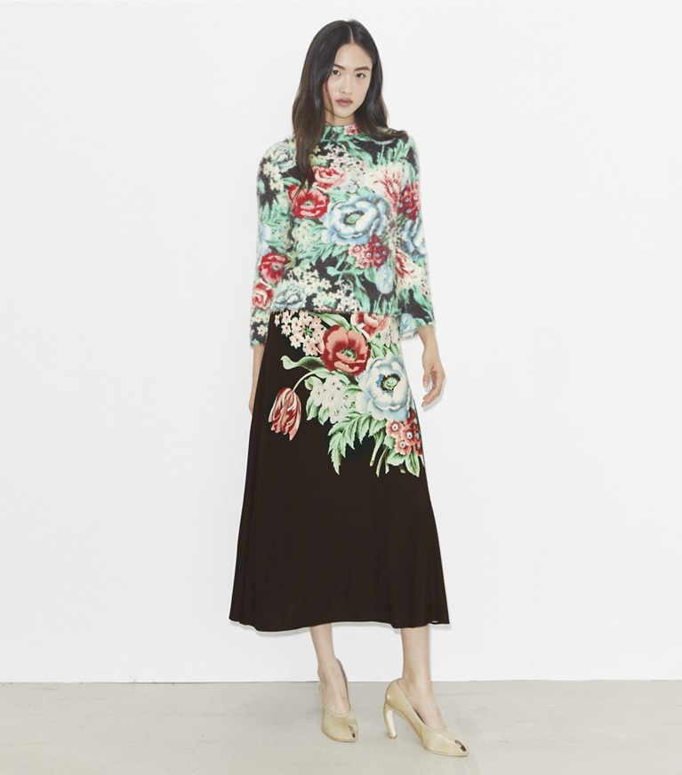 Tory Burch designer sweaters Printed Sweater in GreggioWhite/Chair Floral Allover- A front