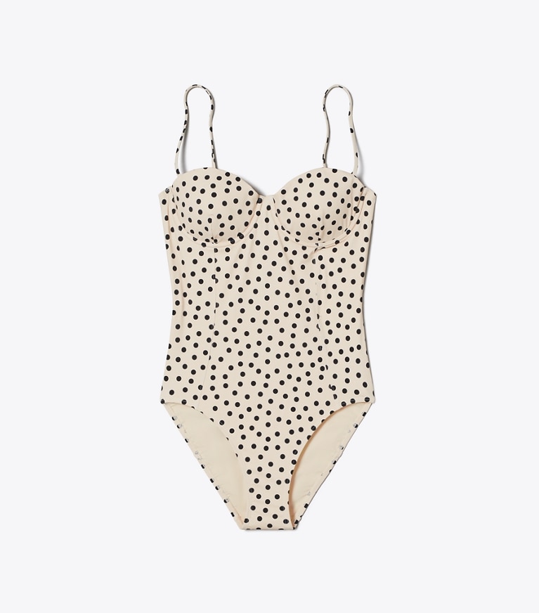Tory Burch designer one pieces Printed Swimsuit in Cream Dot front