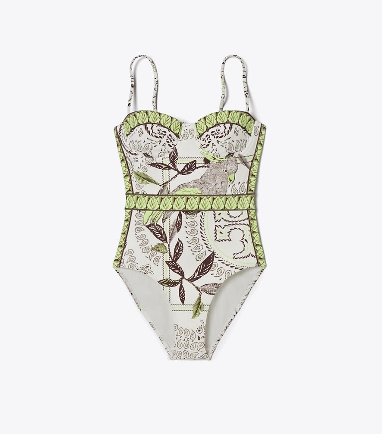 Tory Burch designer one pieces Printed Swimsuit in Mint Cockatoo front