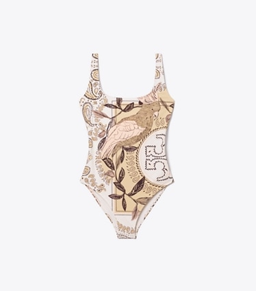 Tory Burch designer one pieces Printed Swimsuit in Pink Cockatoo front