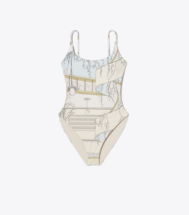 Tory Burch designer one pieces Printed Swimsuit in Neutral Pool front