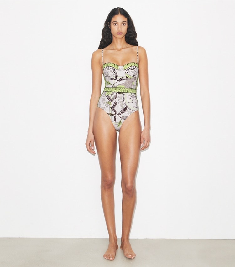 Tory Burch designer one pieces Printed Swimsuit in Mint Cockatoo on model front
