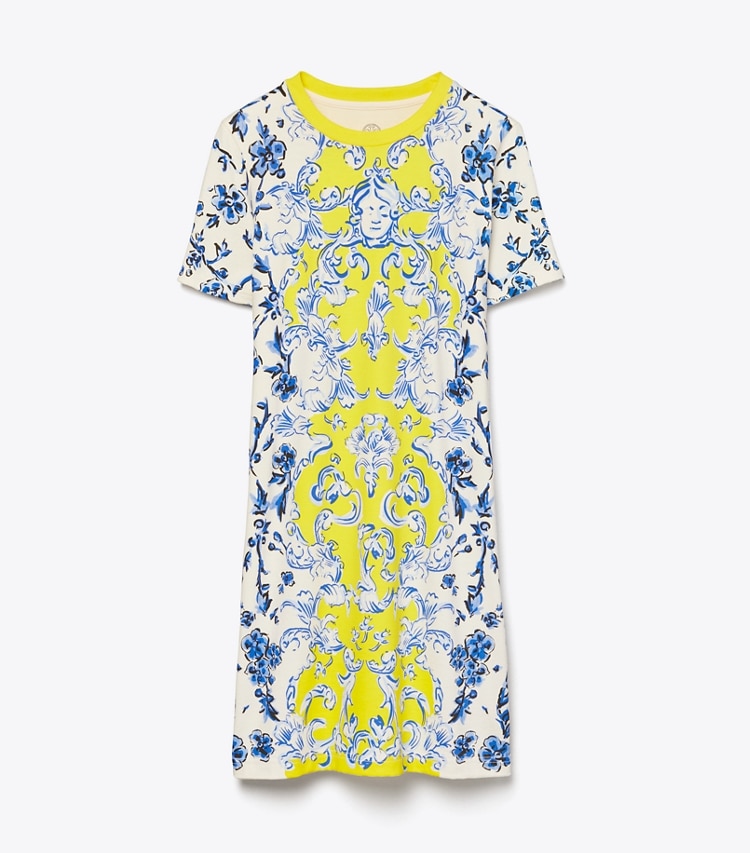 Tory Burch designer dresses Printed T-Shirt Dress in Yellow Swirl/Blue Branches front