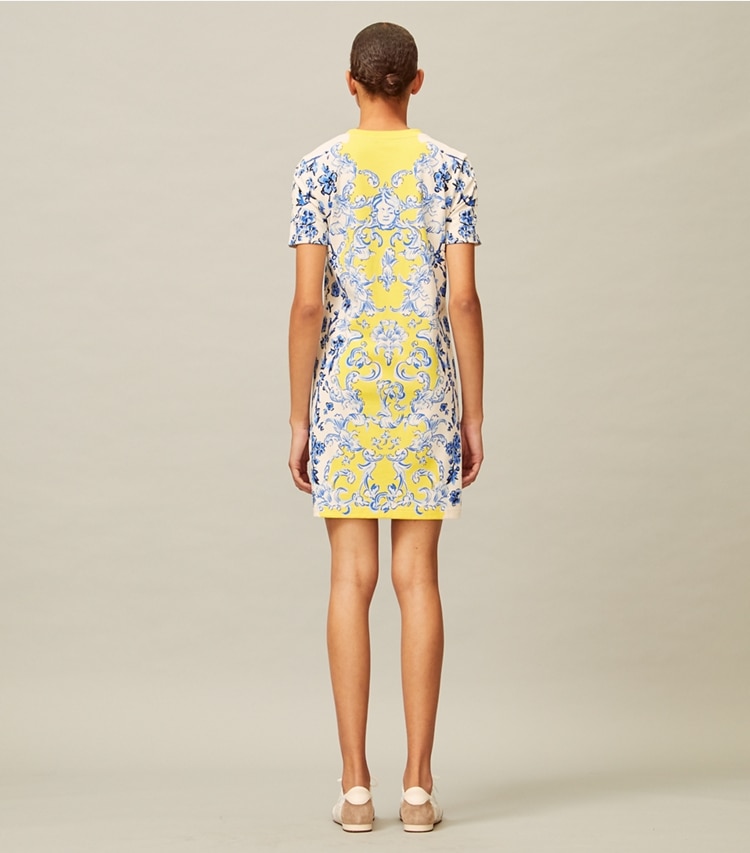 Tory Burch designer dresses Printed T-Shirt Dress in Yellow Swirl/Blue Branches on model back