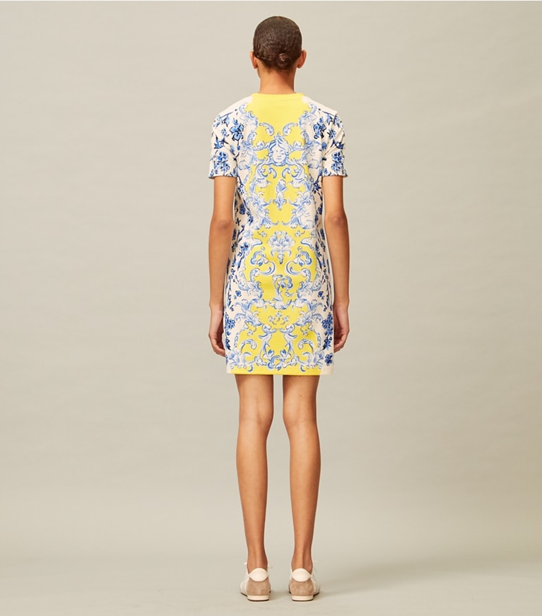 Tory Burch designer dresses Printed T-Shirt Dress in Yellow Swirl/Blue Branches front