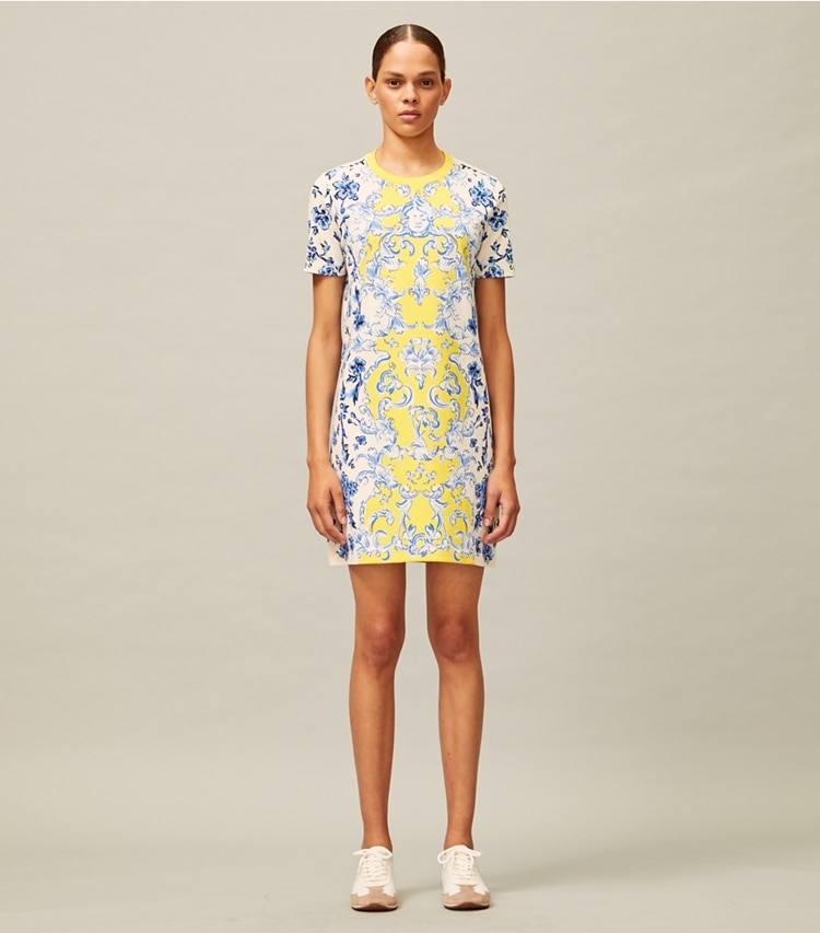 Tory Burch designer dresses Printed T-Shirt Dress in Yellow Swirl/Blue Branches on model front