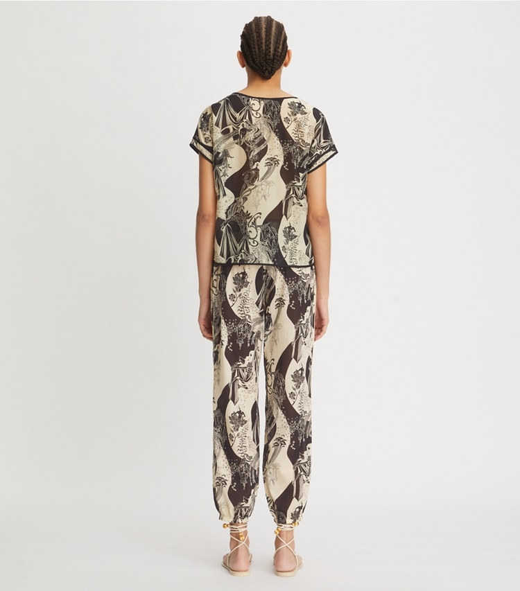 Tory Burch designer coverups Printed T-Shirt in French Cream Muse on model back