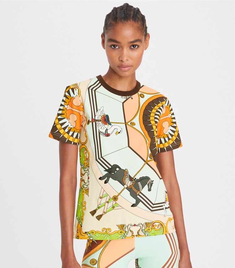 Tory Burch designer tops Printed T-Shirt in Peach Multi on model detail