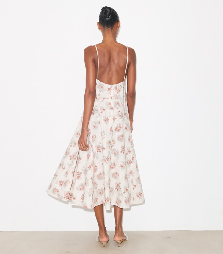 Tory Burch designer dresses Printed Tank Dress in Pink Roses on model back