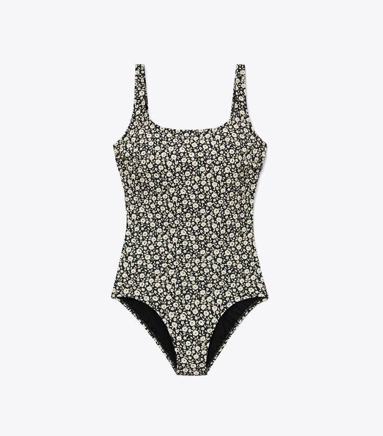 Tory Burch designer one pieces Printed Tank Suit in Black Tonal Ditsy front