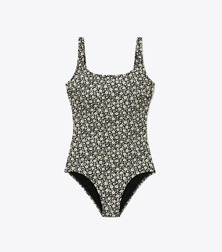 Tory Burch designer one pieces Printed Tank Suit in Black Tonal Ditsy front