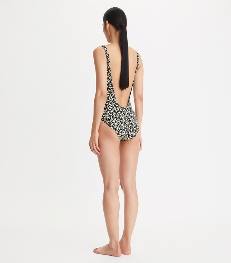 Tory Burch designer one pieces Printed Tank Suit in Black Tonal Ditsy front