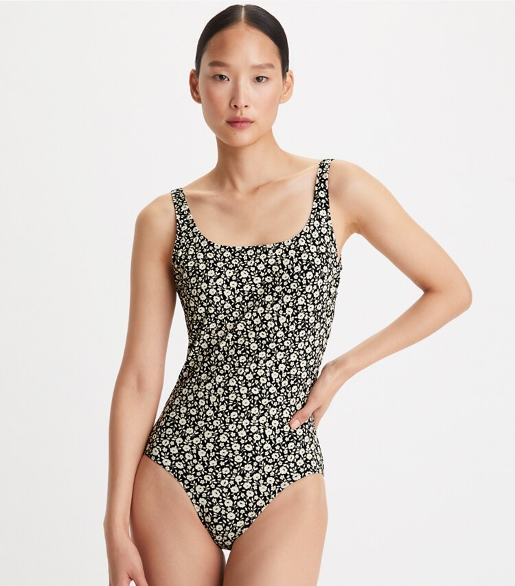 Tory Burch designer one pieces Printed Tank Suit in Black Tonal Ditsy on model detail