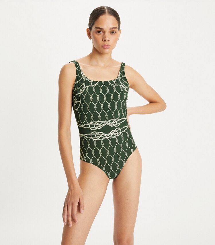 Tory Burch designer one pieces Printed Tank Swimsuit in Green Rope on model detail
