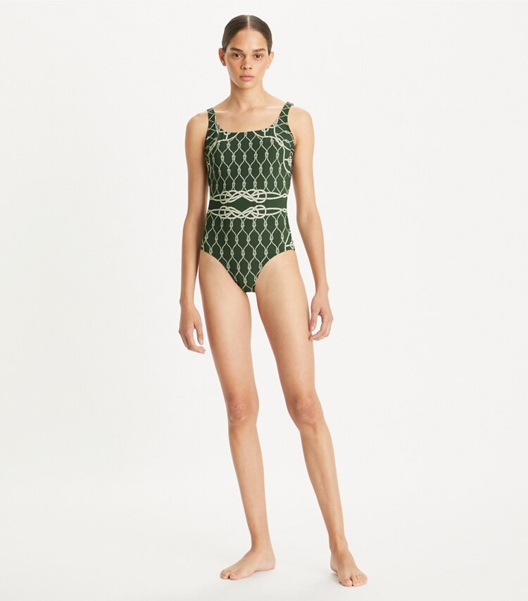 Tory Burch designer one pieces Printed Tank Swimsuit in Green Rope on model front