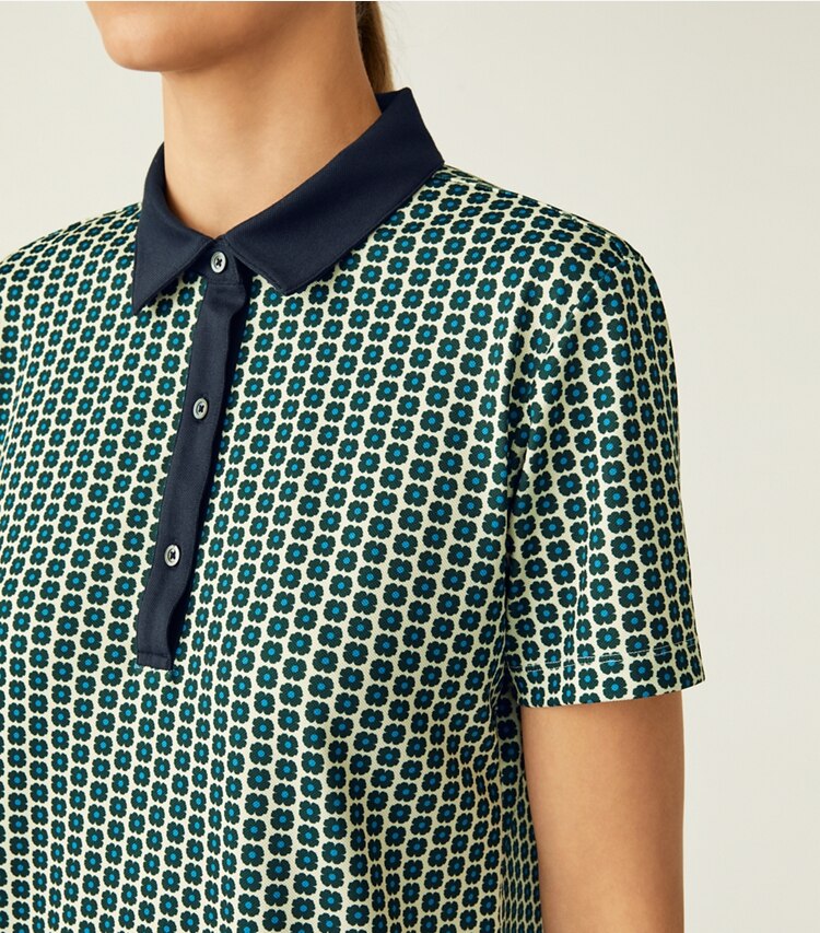 Tory Sport designer tops Printed Tech Piqué Polo in Conifer Poppy Seed on model detail