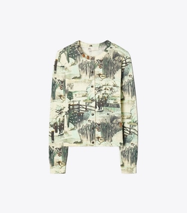 Tory Burch designer sweaters Printed Textured Cotton Cardigan in Yellow Forest front