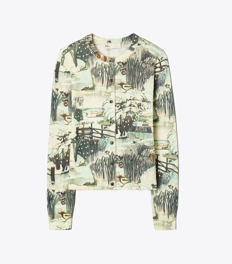 Tory Burch designer sweaters Printed Textured Cotton Cardigan in Yellow Forest front