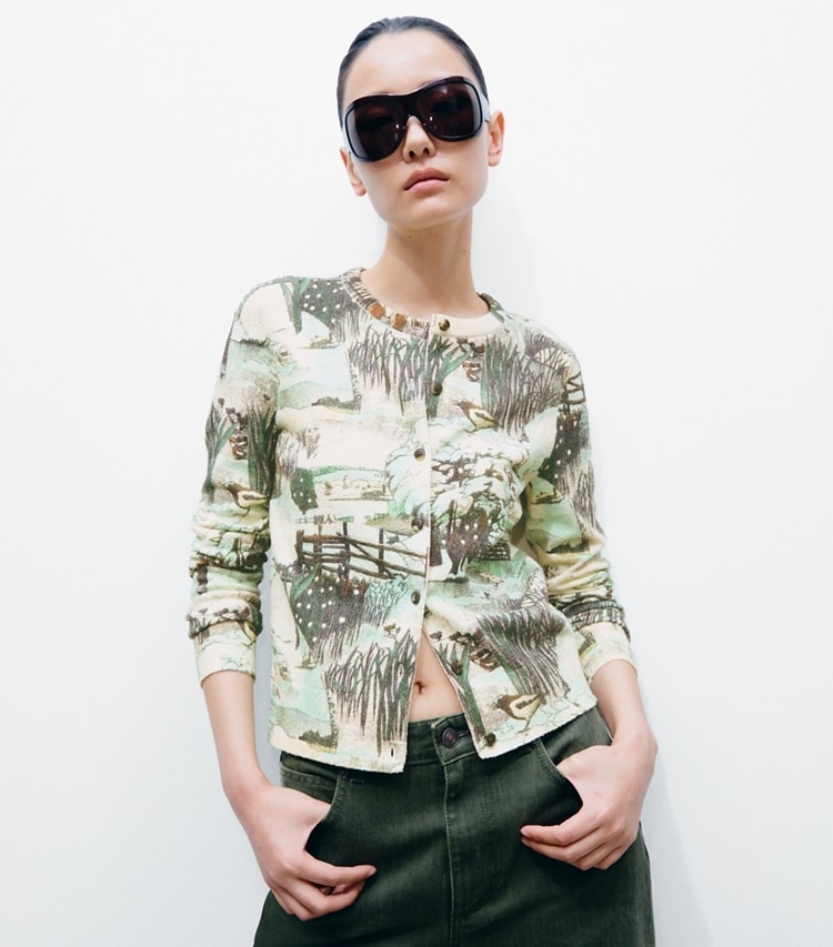 Tory Burch designer sweaters Printed Textured Cotton Cardigan in Yellow Forest on model detail