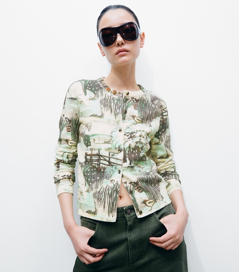 Tory Burch designer sweaters Printed Textured Cotton Cardigan in Yellow Forest on model detail